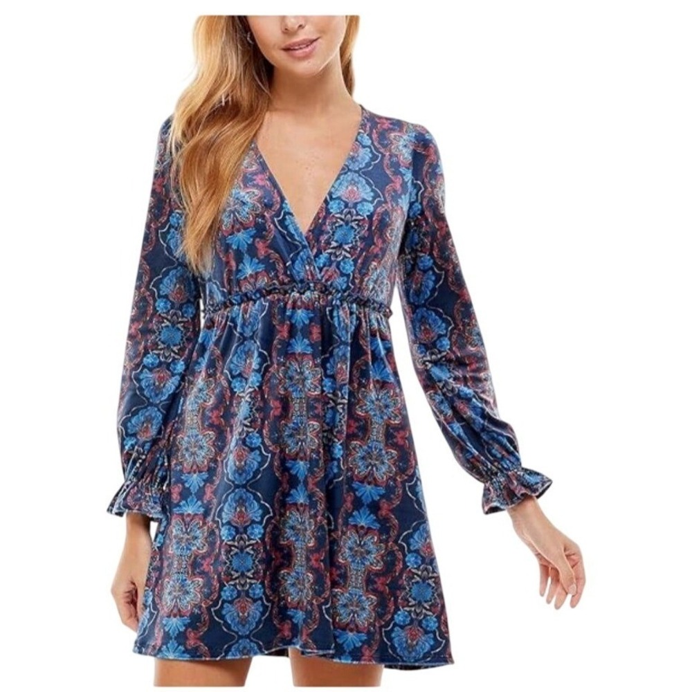 City Studio Womens Long Sleeve V-Neck Floral Print Dress Day Blue XL‎ officecore